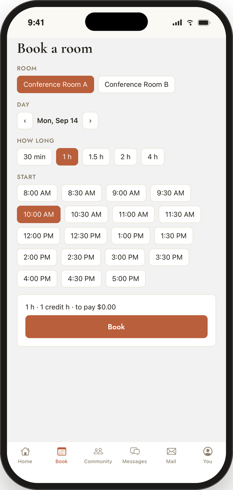 Booking a room in the member app